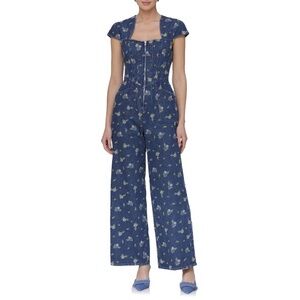 NWT Avec Les Filles Floral Blue Corset Style Cap Sleeve Jumpsuit Sz 2